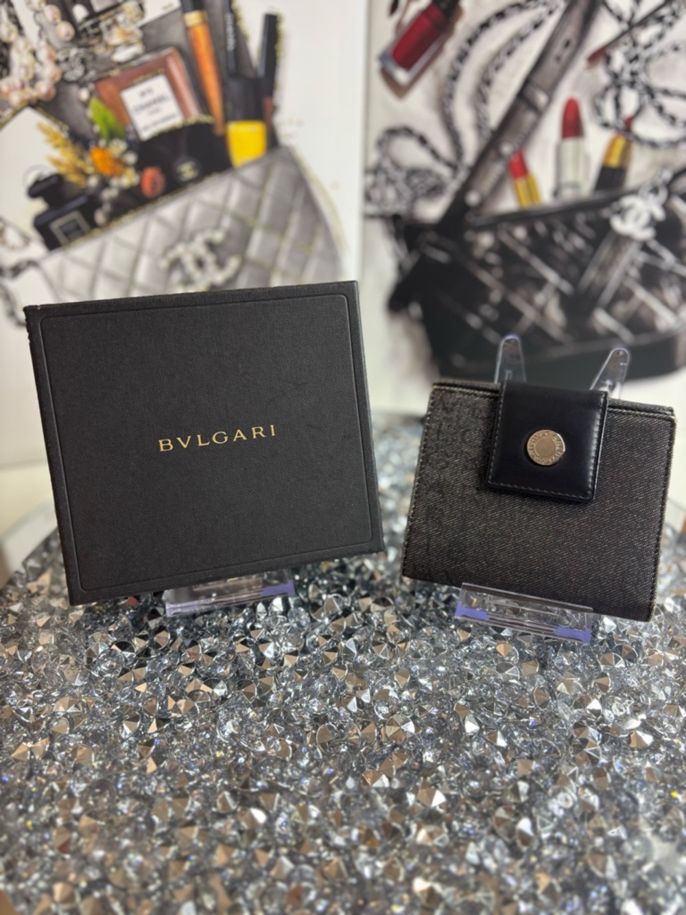 BVLGARI Logo Mania Bifold Wallet made of black denim-like canvas & leather EUC